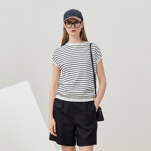 日系斯文雅致条纹凉爽舒适连肩短袖 茉莉雅集 针织套衫 WZT07221
