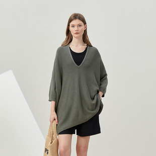 自由无拘束高支亚麻棉V领宽松廓形针织套衫 茉莉雅集 女 WZT08093