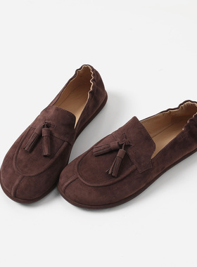 ED08040 茉莉雅集 R0*W羊猄皮平底圆头一脚蹬流苏奶奶鞋乐福鞋女