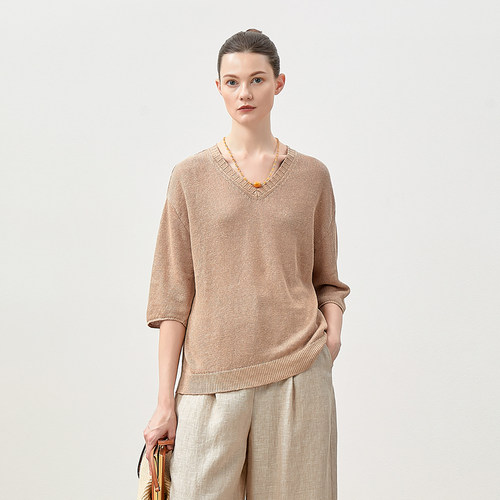 *WZT08161 茉莉雅集 清新舒适高支干爽全亚麻经典V领中袖针织套衫