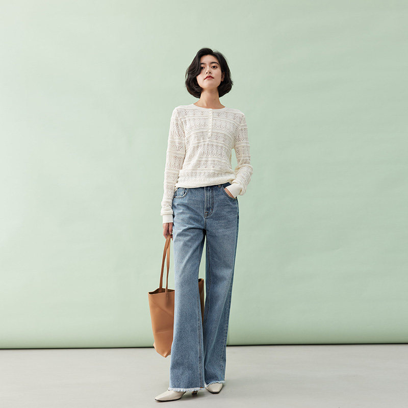 *WKZ06141 茉莉雅集 复古蓝手缝藏线西班牙棉牛仔脚口毛边直筒裤