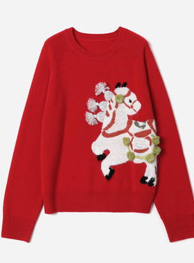 WZT09041 茉莉雅集 新年氛围感五花马提花羊毛羊绒圆领针织套衫