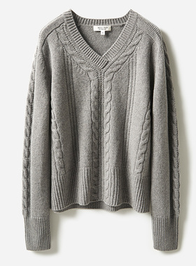 WZT04092 茉莉雅集 KVSS全羊绒大M重工阿兰绞花V领长袖针织衫女