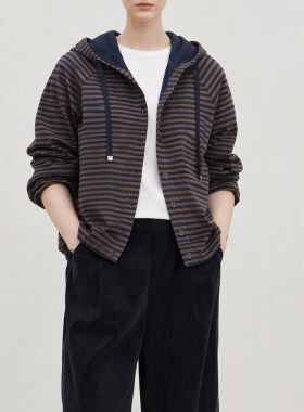*WWT09022 茉莉雅集 棉混纺休闲连帽双面穿宽松条纹插肩袖外套女