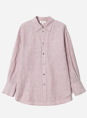 *WCS08125 茉莉雅集 重酵素水洗全亚麻条纹翻领宽松长袖衬衫女