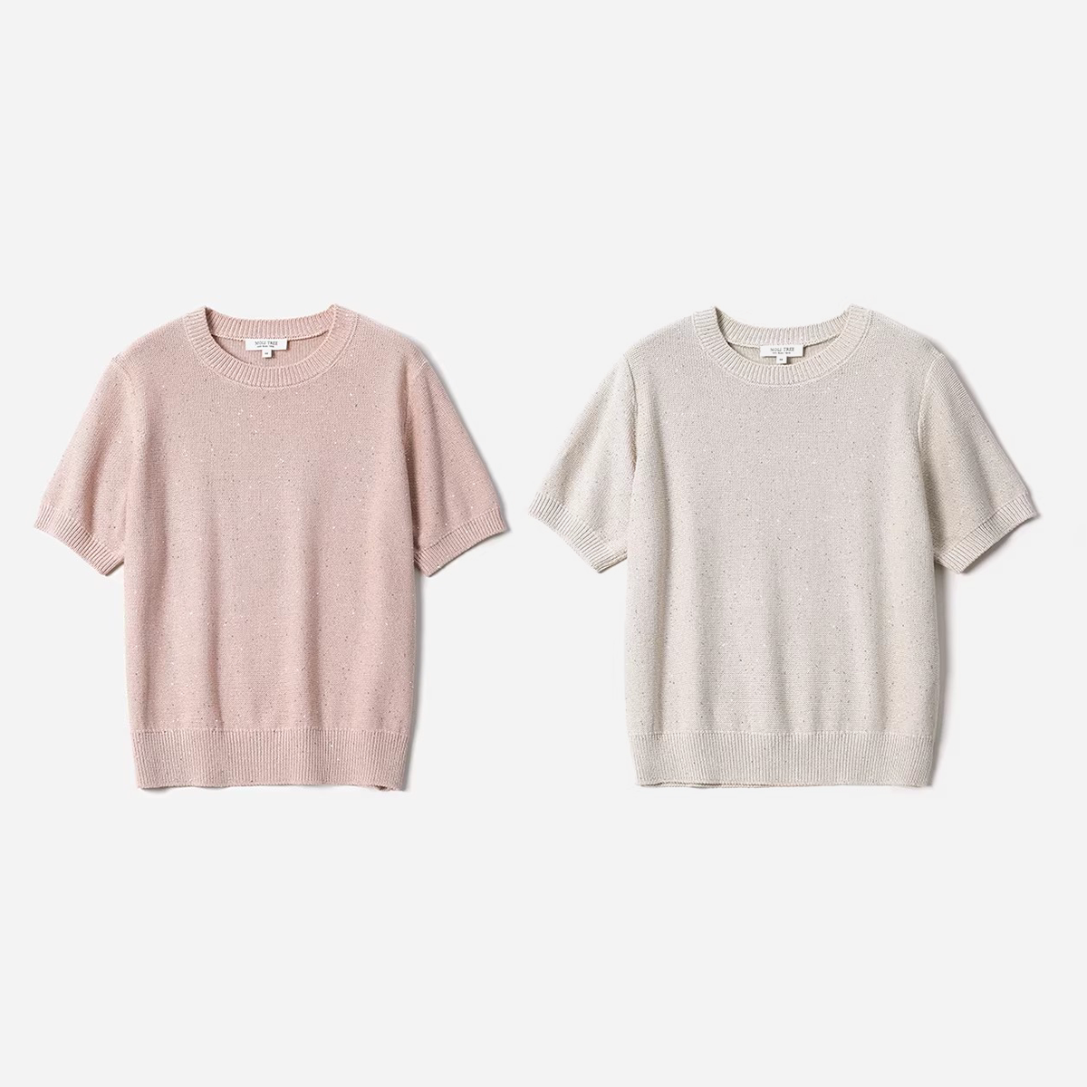 #WZT08187   梦幻闪耀干爽透气亚麻棉珠片纱短袖针织套衫女