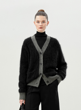 *WZK06172 茉莉雅集 I*C KVSS拉绒全羊绒撞色V领长袖针织开衫女