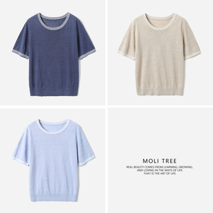 针织套衫 清凉干爽透气全亚麻圆领撞色领短袖 女 WZT09114