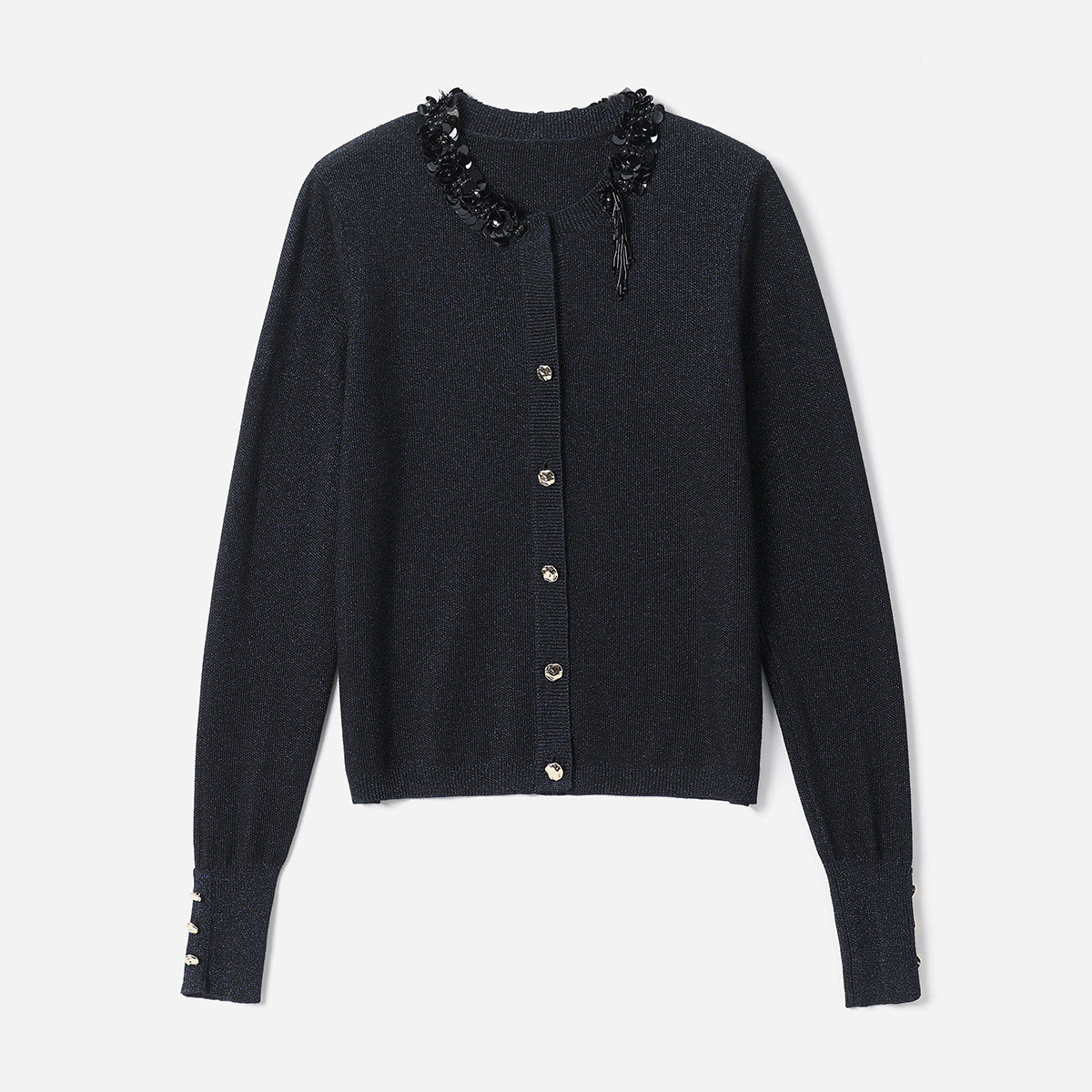 WZK08029【繁星闪烁】意大利纱黄金羊毛领口珠片绣花针织开衫毛衣