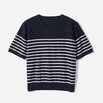 WZT09145 茉莉雅集 法式温柔圆领条纹混纺亮闪珠片短袖针织套衫