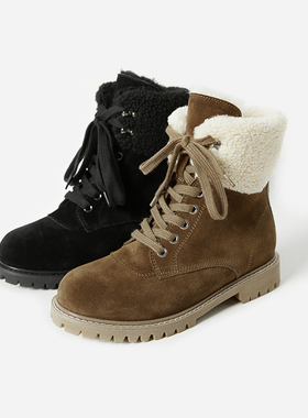 *EX06054 茉莉雅集 冬日战靴牛猄面全羊毛里保暖中筒系带马丁靴女