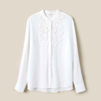 WCS07225 花期绽放法式宫廷领门襟立体绣花高支全亚麻衬衫
