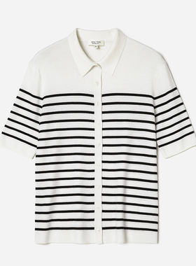 *WZK07074 茉莉雅集 海魂条纹120S精纺全羊毛翻领短袖针织开衫女