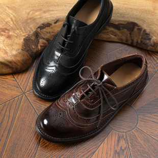 德比鞋 英伦风水洗马皮系带布洛克雕花圆头小皮鞋 经典 ED08048