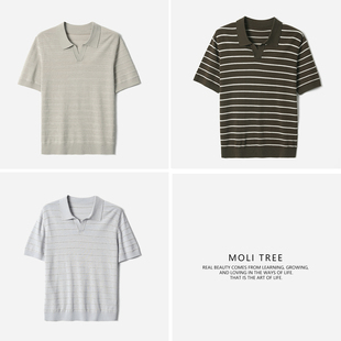MZT09027 茉莉雅集 舒适干爽剪刀翻领棉混纺条纹短袖针织套衫男士