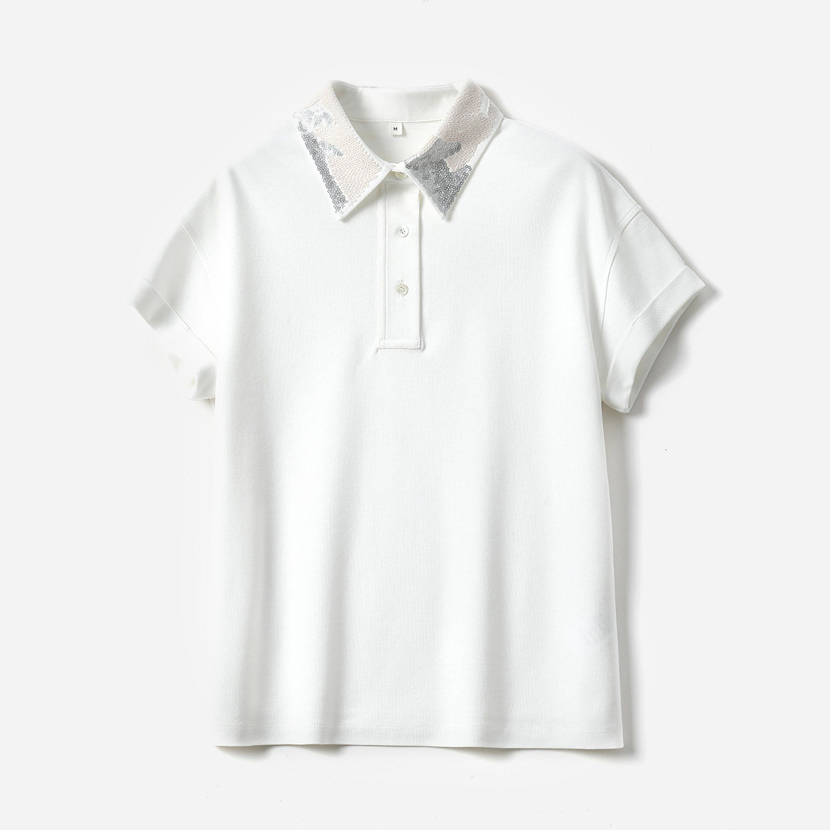 *WTX08028 茉莉雅集 B*C彩鳞珠片绣花POLO领珠地网眼棉短袖T恤女