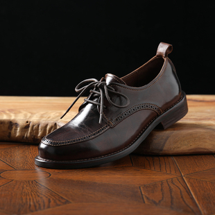 乐福鞋 ED08049 布洛克小皮鞋 复古水洗马皮系带深口单鞋 茉莉雅集