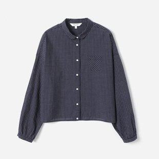 *WCS09026 茉莉雅集 利落舒适彼得潘领格纹短箱全棉长袖衬衫春女