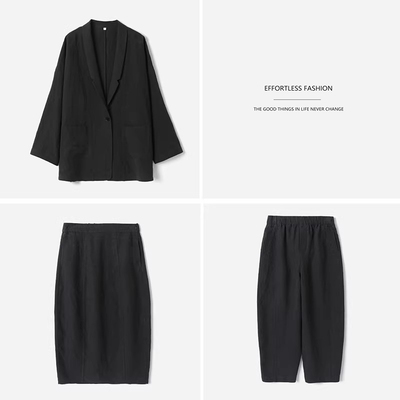 *WKZ09033  老钱风全汉麻小翻领外套九分气球裤后开叉花苞半裙