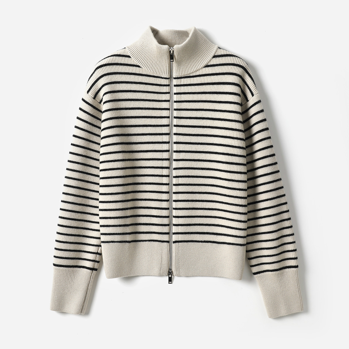 *WZK07189 重磅800G经典法式条纹精纺全羊毛立领拉链针织开衫毛衣