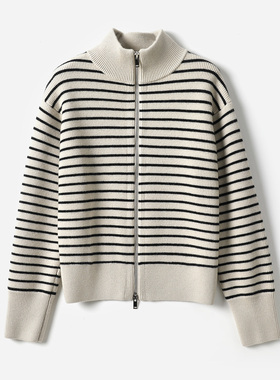 *WZK07189 重磅800G经典法式条纹精纺全羊毛立领拉链针织开衫毛衣