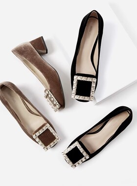 ED05024 茉莉雅集 R*V奢华方钻丝绒真皮大底方头浅口粗跟单鞋