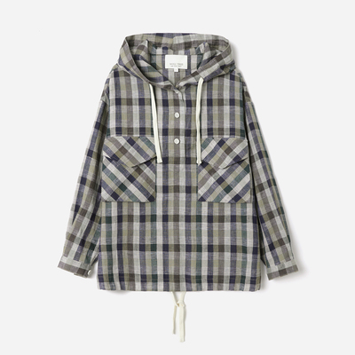 *WWT09014 茉莉雅集 复古格纹全亚麻休闲百搭防晒连帽长袖外套女