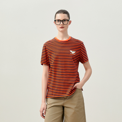 *WTX05135 茉莉雅集 海魂风日本料丝光匹马棉条纹重工刺绣T恤女