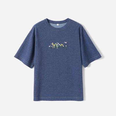 WTX09039 茉莉雅集 45*R日系减龄莱赛尔棉精致刺绣落肩短袖T恤