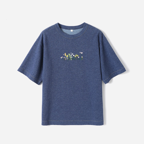 WTX09039 茉莉雅集 45*R日系减龄莱赛尔棉精致刺绣落肩短袖T恤