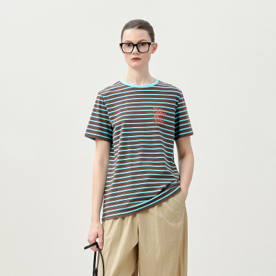*WTX07023 茉莉雅集 任何人都无法成为你条纹棉弹印花圆领短袖T恤