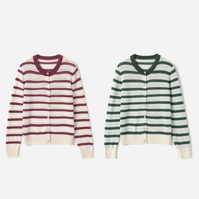 * WZK09120 茉莉雅集 舒适干爽经典撞色条纹圆领长袖针织开衫女