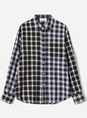 *WCS08171 茉莉雅集 复古男友风异色格纹对称翻领拼接长袖衬衫