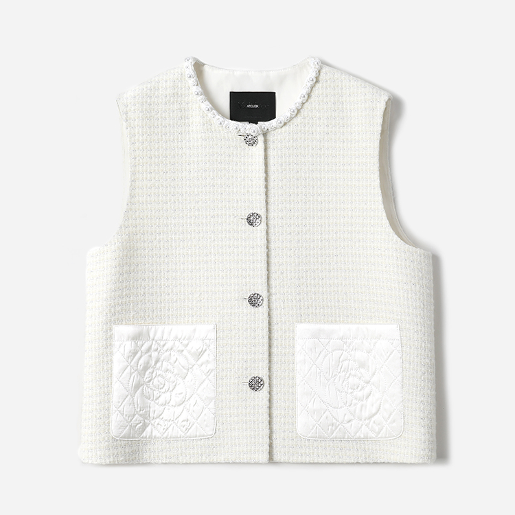 WWT08230 茉莉雅集 白山茶意大利羊毛花呢绗格口袋香*风马甲