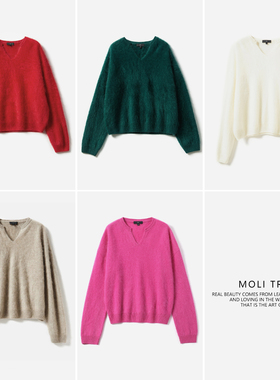 WZT06222 茉莉雅集 惬意优雅KVSS全羊绒拉绒剪刀领针织套衫女