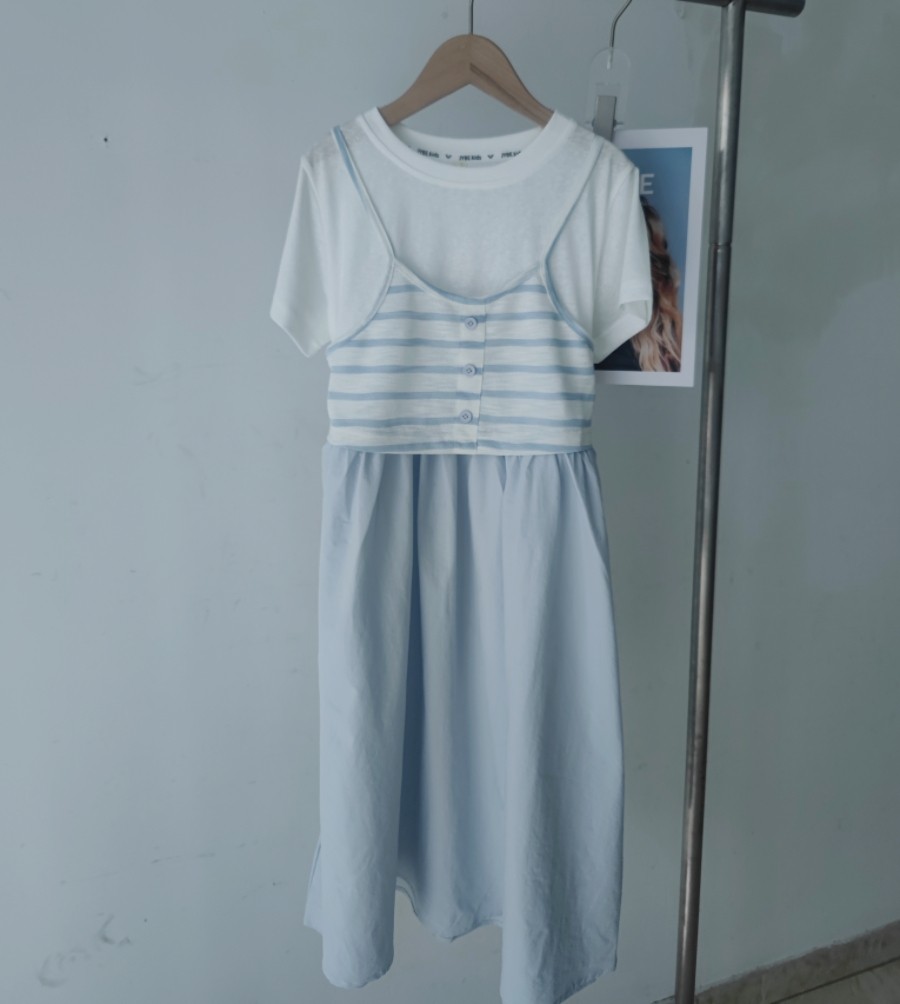 大童女宝棉布凉快女童棉连衣裙夏学生女孩夏装背心假两件清爽裙子