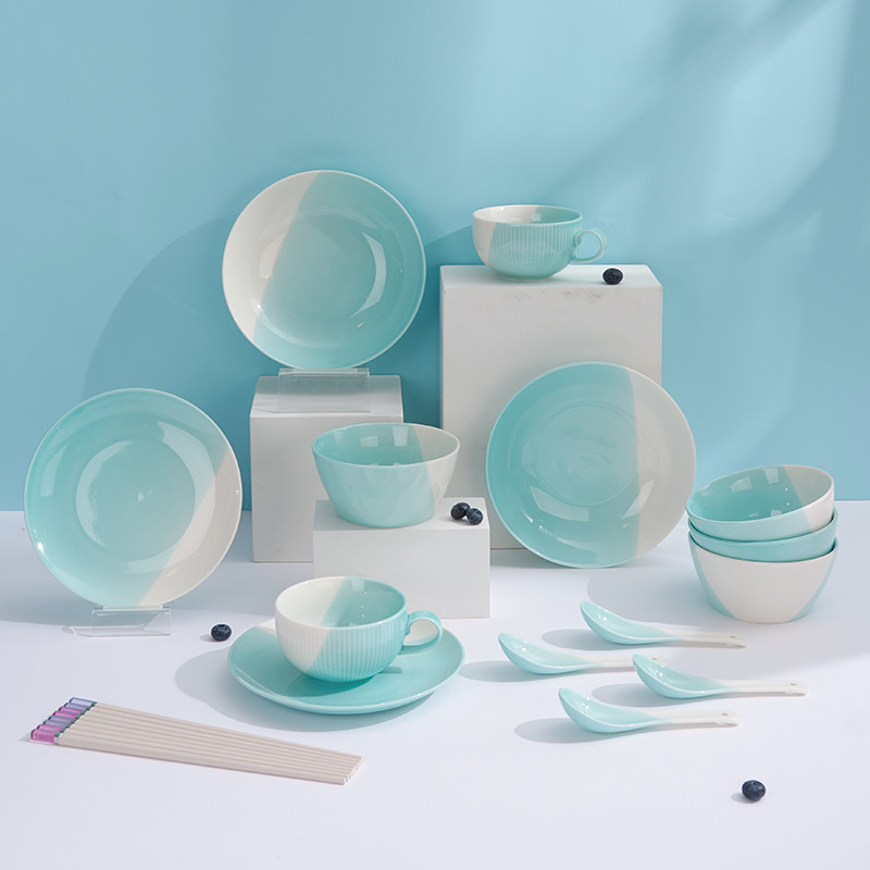 TAYOHYA/多样屋 悠蓝高温色釉中式餐具18件套釉下彩