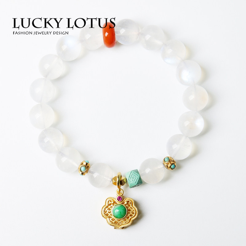 luckylotus珠宝天然月光石蓝月光女款手链南红绿松翡翠复古银包邮