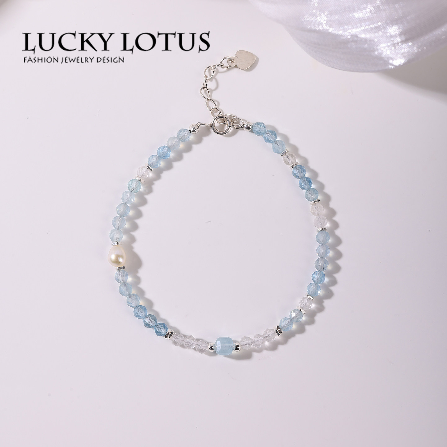 LUCKYLOTUS天然水晶串珠手链女轻奢蓝色手饰海蓝宝珍珠水晶手链