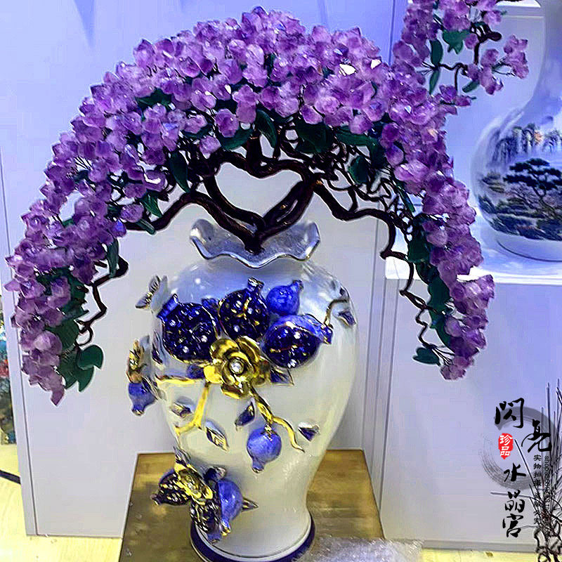 天然黄水晶发财树紫水晶招财树别墅客厅招财摆件高档欧式陶瓷花瓶