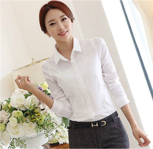 琪莉娅 新款女装大码修身显瘦女士长袖衬衫白色衬衣韩版翻领通勤