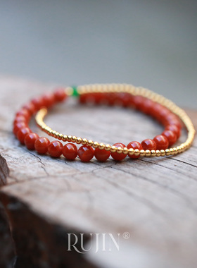 南红玛瑙本命年满肉金珠手链