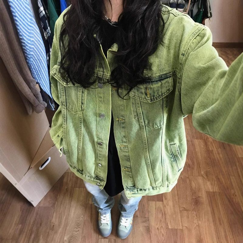宽松慵懒风复古绿色牛仔外套女春秋季ins潮牌原宿港风宽松夹克衫