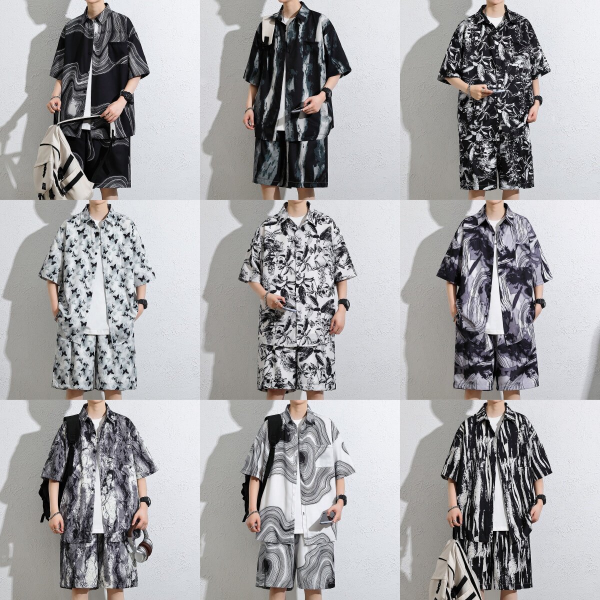 两件套花衬衫男短袖宽松大码沙滩衫套装情侣港风短裤潮流痞帅外套