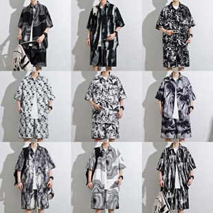男短袖 情侣港风短裤 宽松大码 套装 潮流痞帅外套 沙滩衫 两件套花衬衫
