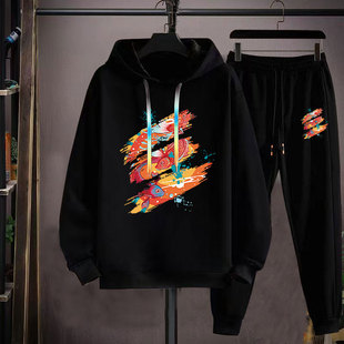 青少年学生时尚 连帽卫衣套装 休闲运动搭配一整套潮流帅气 新款 秋季