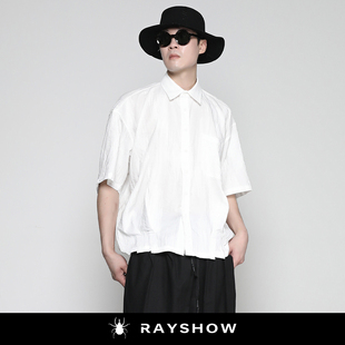 RAYSHOW2026肌理竖纹提花廓形短袖衬衫 暗黑前短后长高级感衬衣男