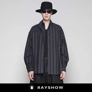 RAYSHOW雷修港风男装 复古假两件立领衬衣 宽松条纹廓形长袖衬衫