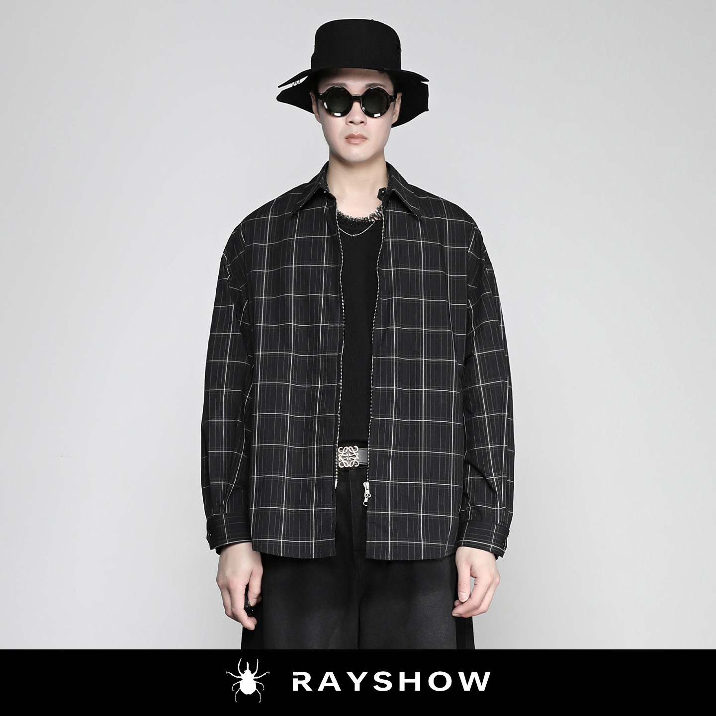RAYSHOW原创设计 黑白格纹拉链衬衫夹克 宽松廓形 复古休闲薄外套