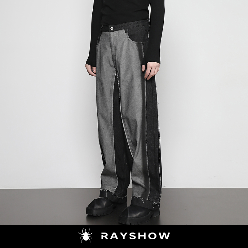 RAYSHOW@撞色拼接毛边牛仔长裤